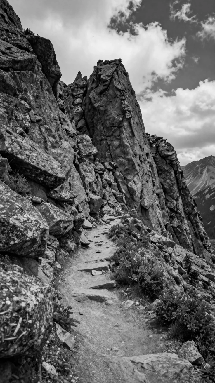 A rugged mountain trail winds upward through jagged rock formations in the Rocky Mountains.