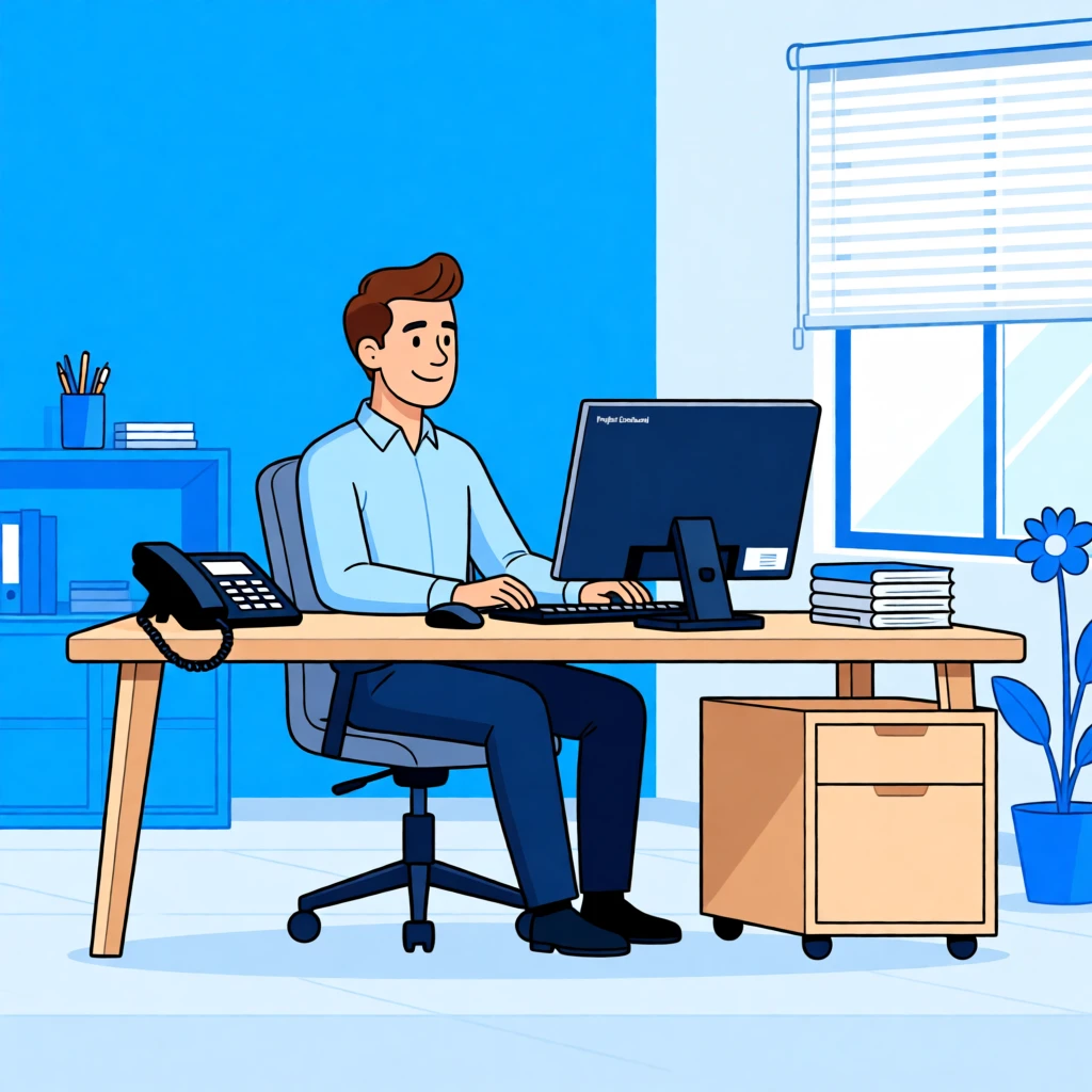 Cartoon-style illustration of a man in a modern office, sitting at a desk with a phone, computer, and vibrant blue decor.