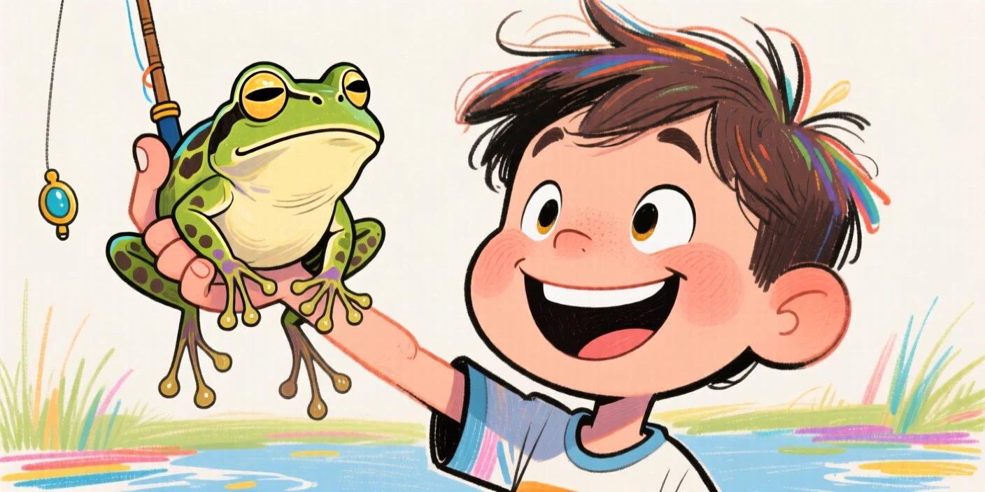 A little boy proudly showing off a frog he just caught, frog looking unimpressed.