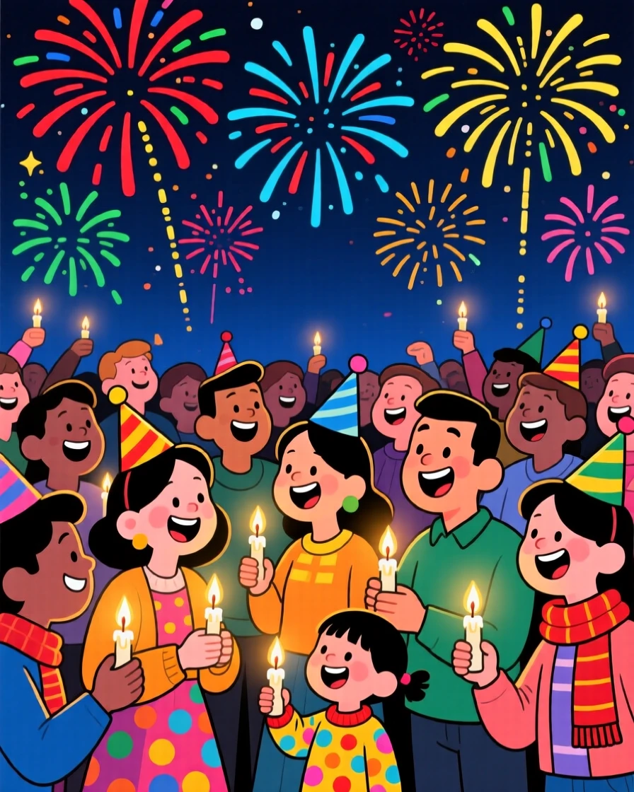 A festive celebration scene of a lively crowd lighting candles together during a quiet evening celebration, under a sky full of fireworks.