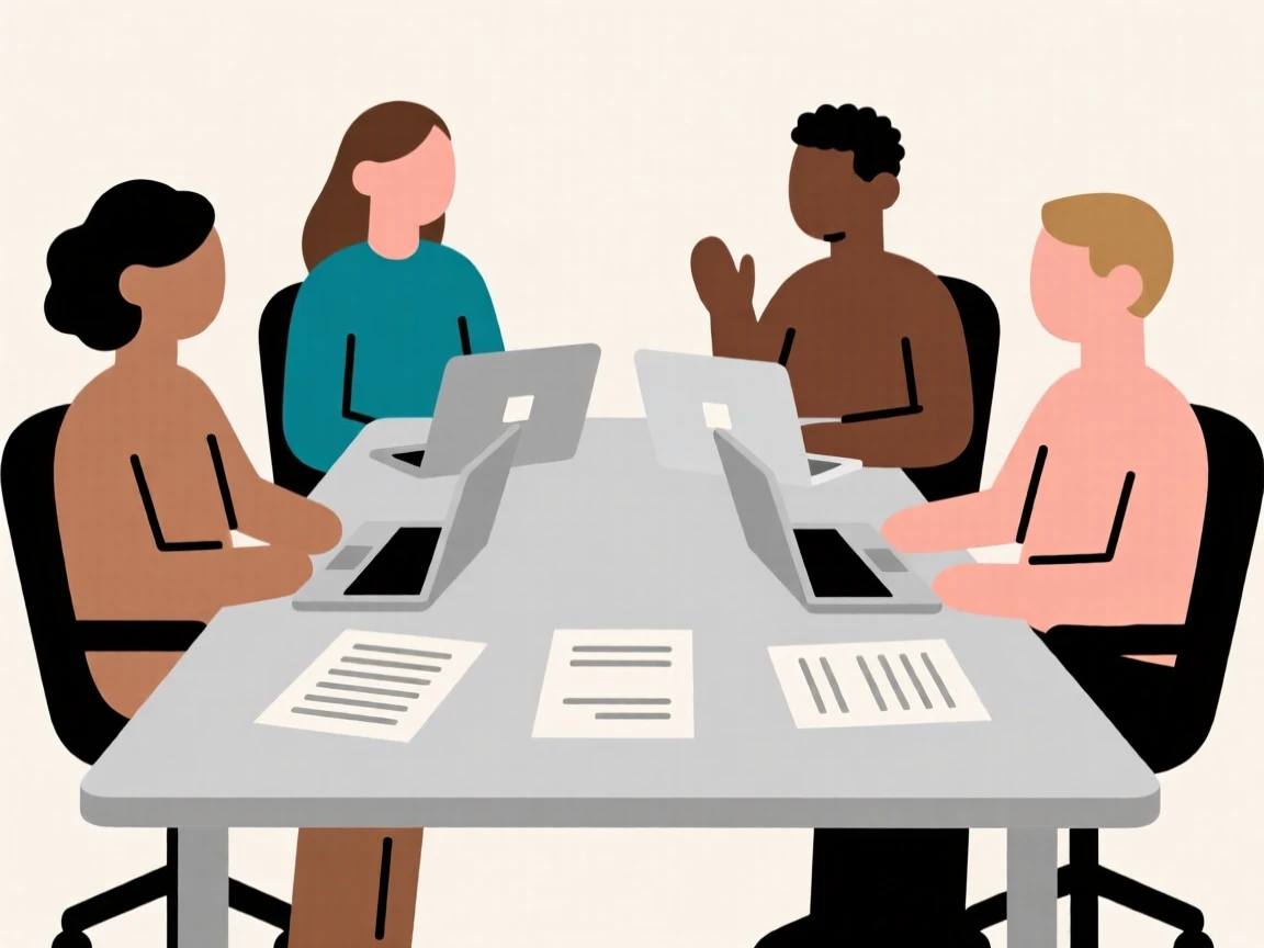 Illustration of a diverse team in a meeting, collaborating around a table with laptops and documents.