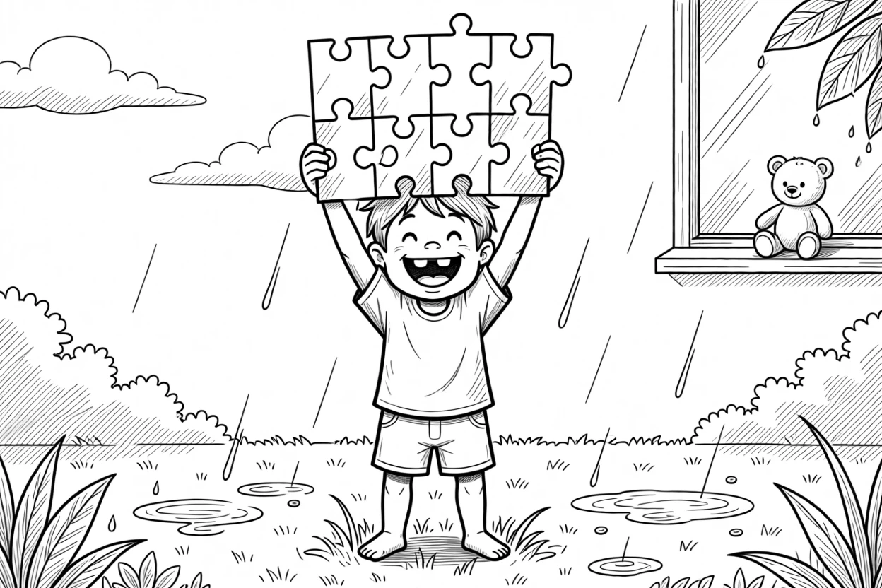 A kid triumphantly holding up a finished puzzle, grinning so wide the gap is impossible to miss, set in a backyard after a summer rainstorm. A stuffed bear watches from a nearby windowsill. It's a burst of pure, unfiltered childhood joy.