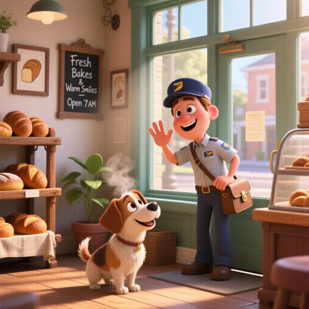 A mail carrier waving to a neighborhood dog is captured in a cozy corner bakery early in the morning, with fresh bread cooling on a nearby rack. A simple contentment radiates through the scene.