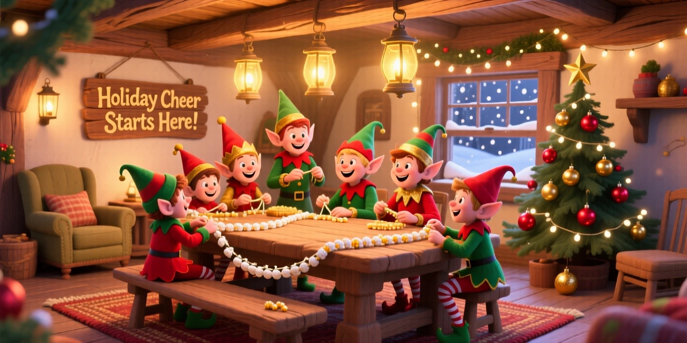 A group of cheerful elves gather in a family farmhouse, stringing popcorn garlands for the holiday tree, as golden lanterns glow warmly.