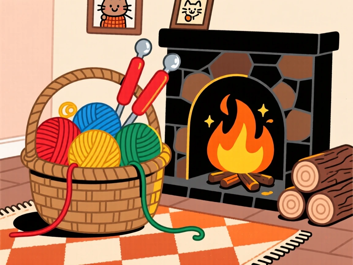 A basket of yarn and knitting needles beside a warm fireplace.