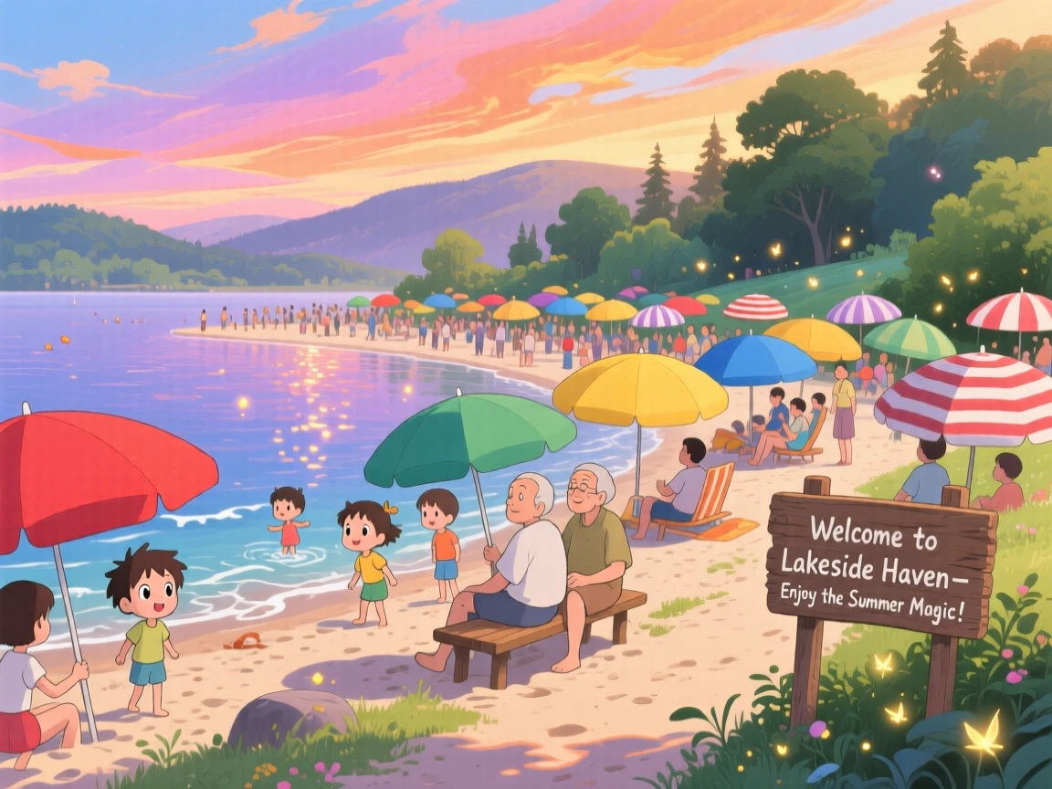 A summer scene of a lakeside beach crowded with colorful umbrellas, under a sky streaked with color.