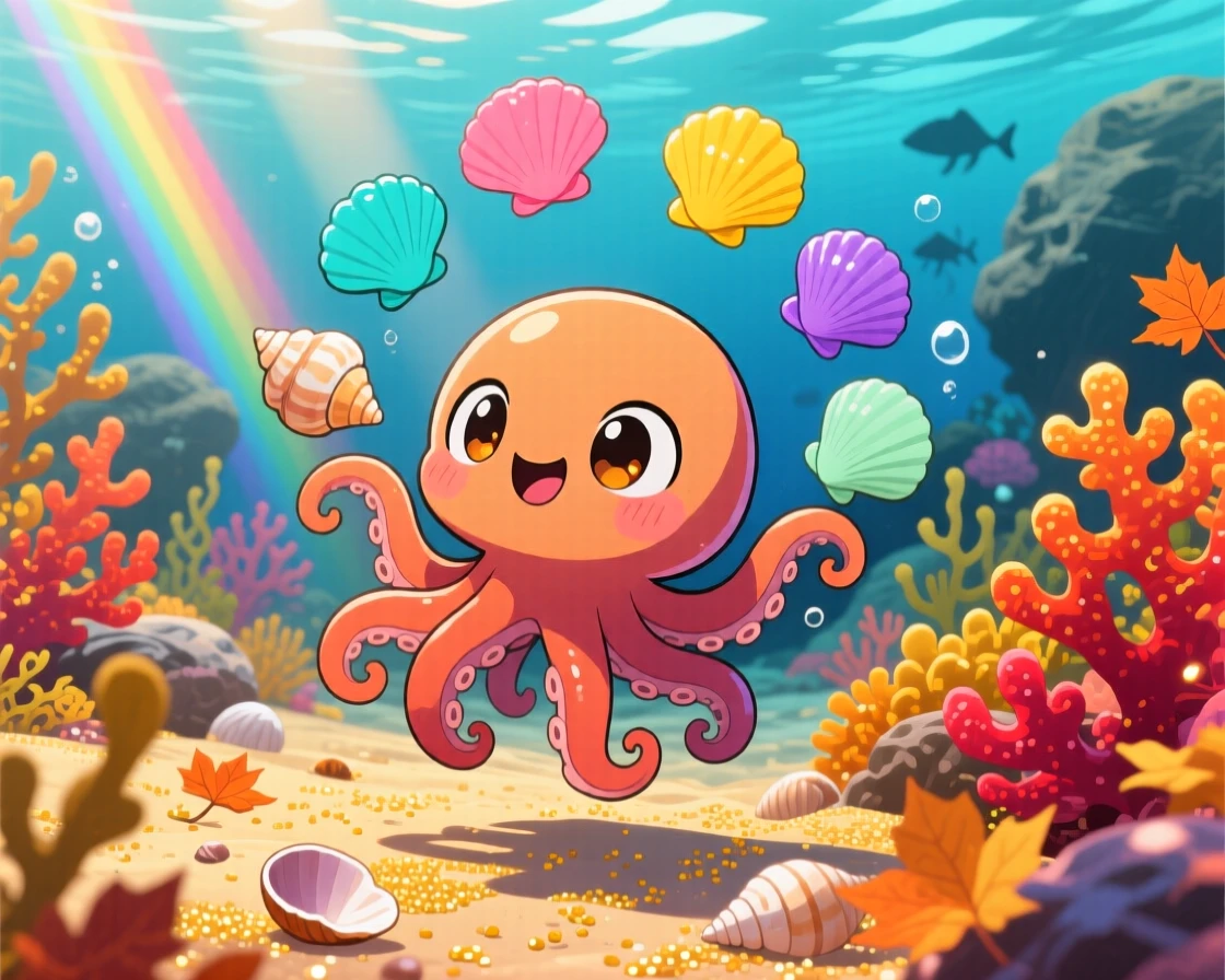 Dynamic diagonal composition of a curious octopus, juggling colorful shells, in a coral garden seabed, during golden autumn harvest season, illuminated by bright rainbow-tinted light, radiating eager anticipation.