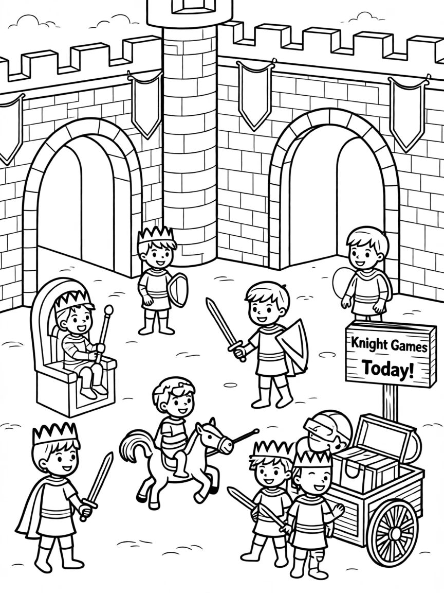 A castle courtyard filled with children playing knight games