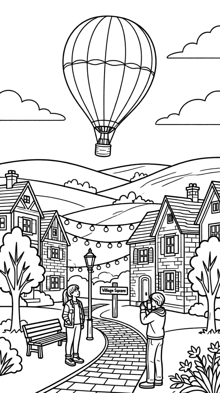 A hot air balloon drifting above rolling countryside hills, with string lights strung between old buildings.