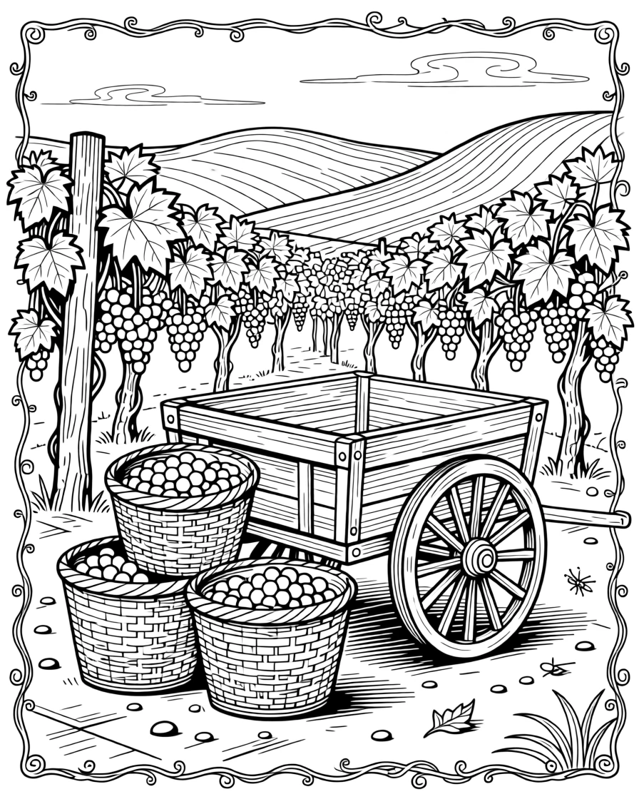 A rustic grape-harvesting scene with baskets stacked beside a vineyard cart.