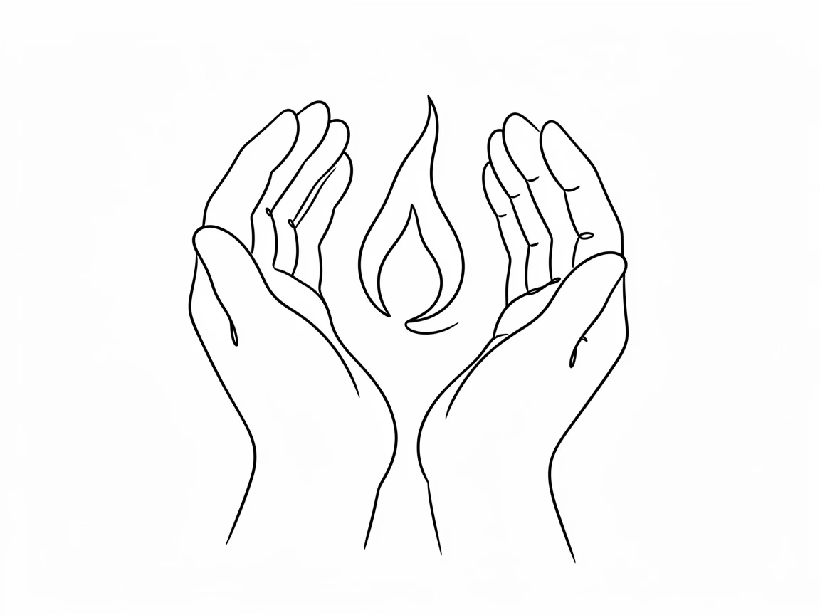 A pair of cupped hands sheltering a small flame from the wind, representing protection