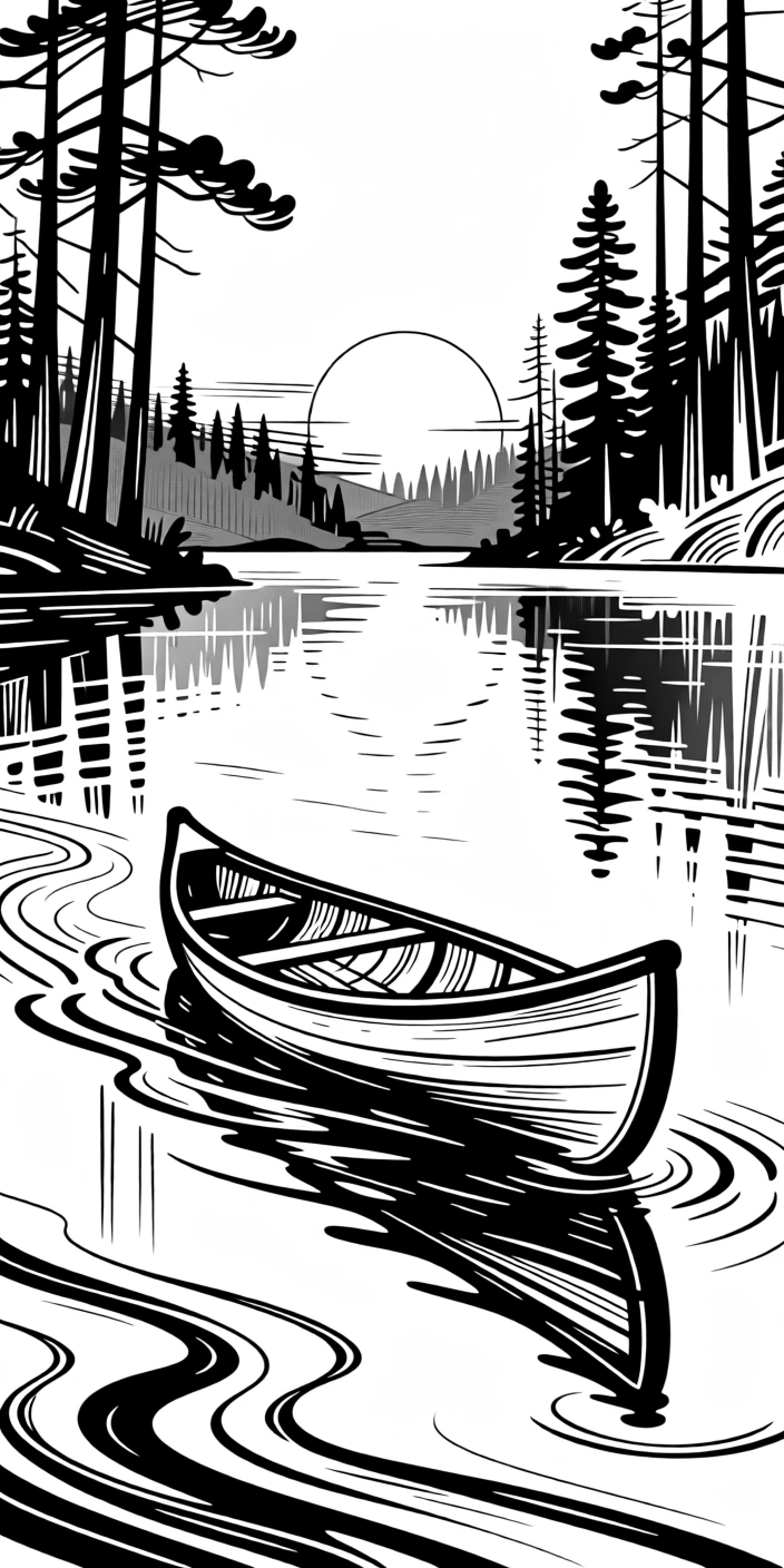 A classic wooden canoe gliding across a still forest lake at dawn.