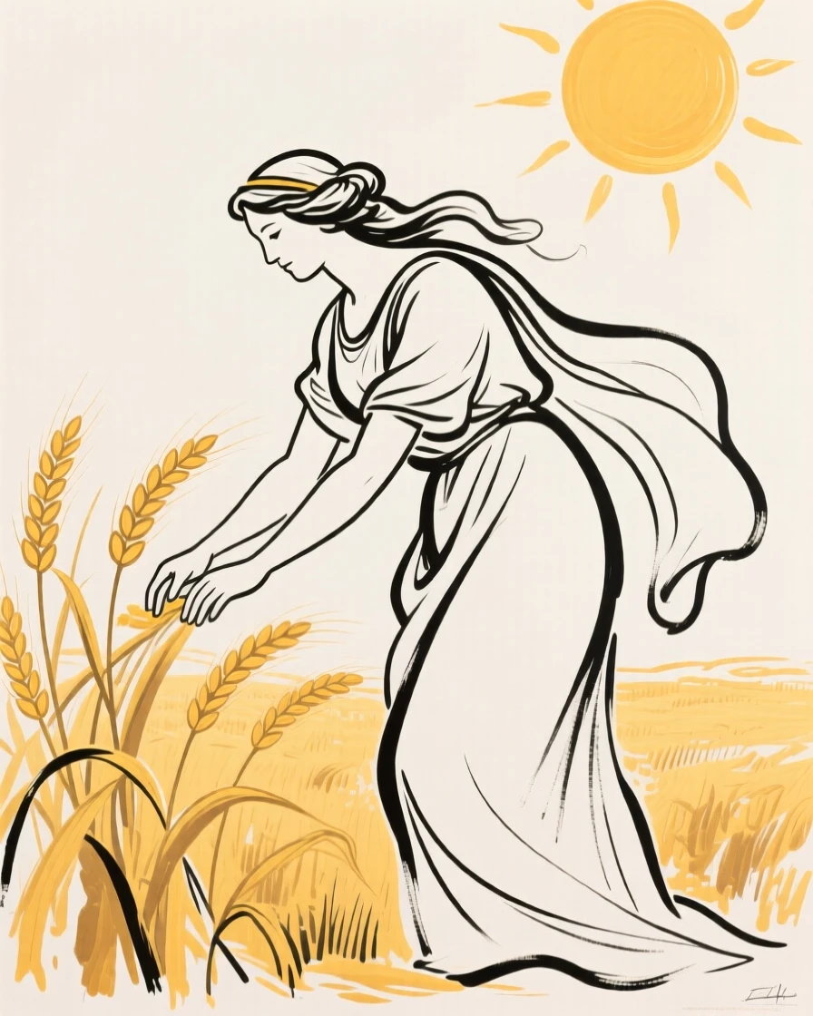 Demeter tending a golden wheat field beneath a warm harvest sun.