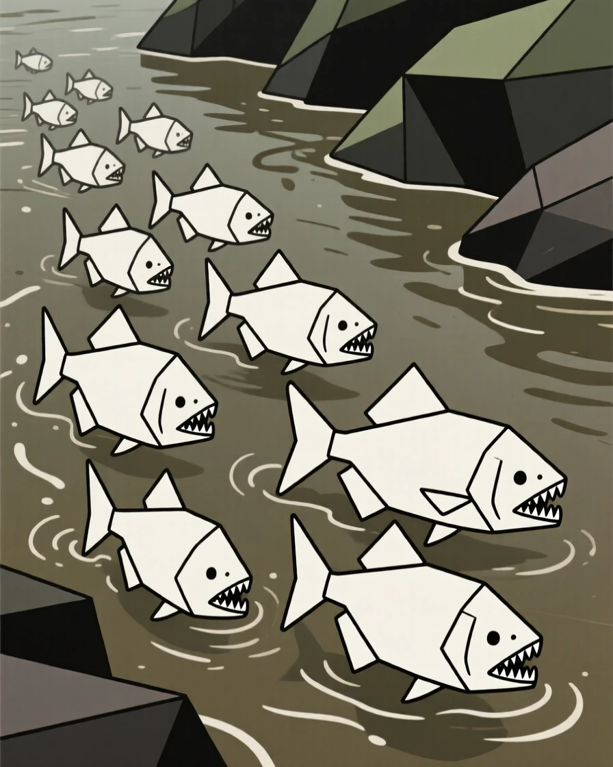 A piranha school swimming through murky river water