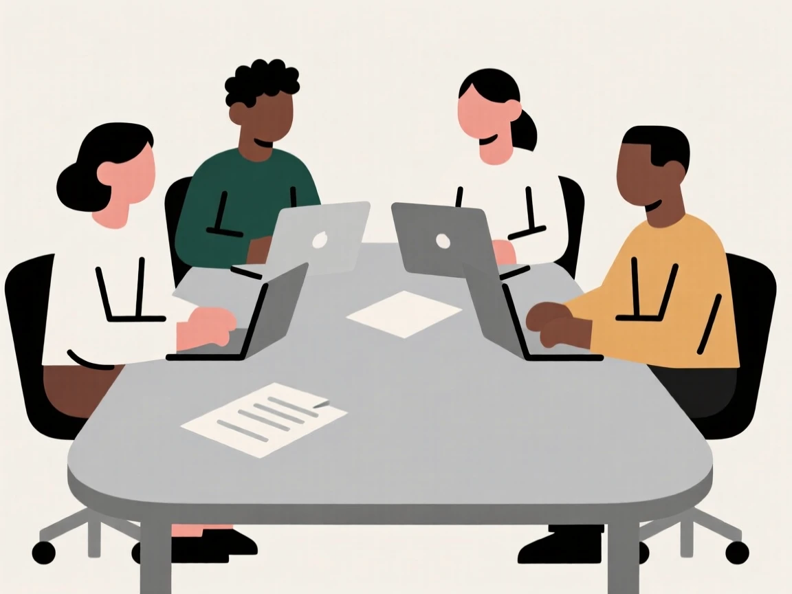 Illustration of a diverse team in a meeting, collaborating around a table with laptops and documents.