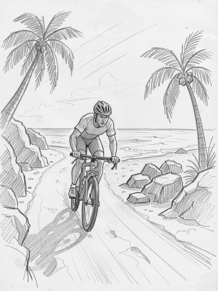A cyclist racing down a mountain trail, on a sun-drenched tropical beach, with intense focus and determination.
