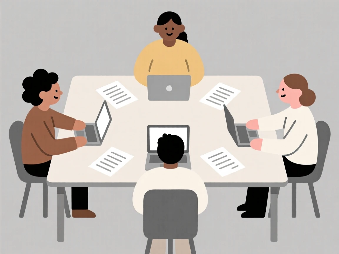 Illustration of a diverse team in a meeting, collaborating around a table with laptops and documents.