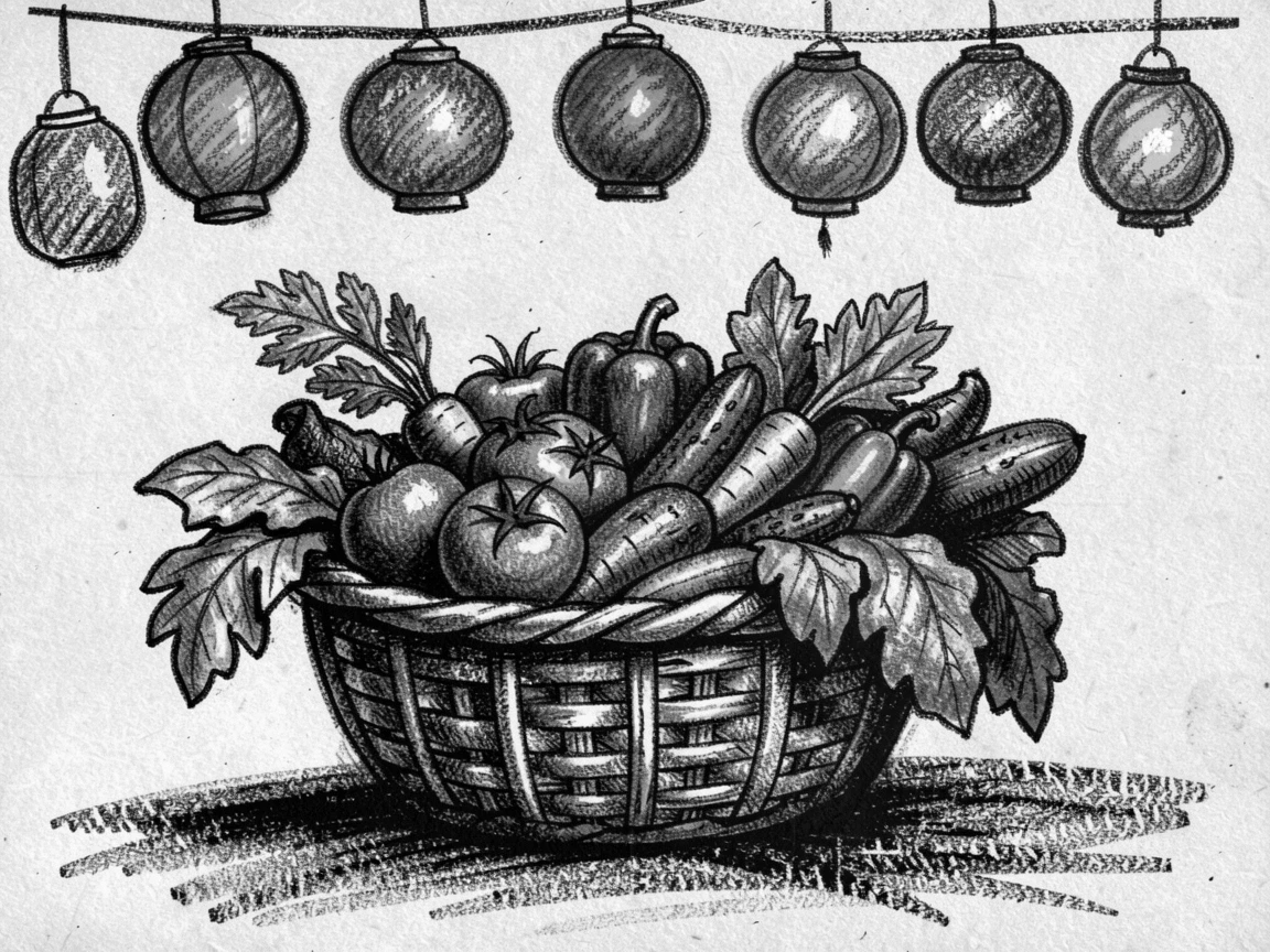 A basket overflowing with fresh garden vegetables, under a canopy of colorful lanterns.