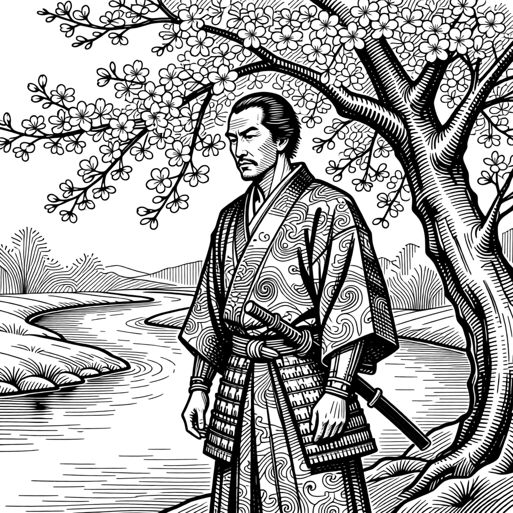 A samurai standing beneath a blossoming cherry tree beside a river that has flowed for generations, with intricate patterns woven into the fabric, portrayed in a deeply rooted in tradition historical scene.