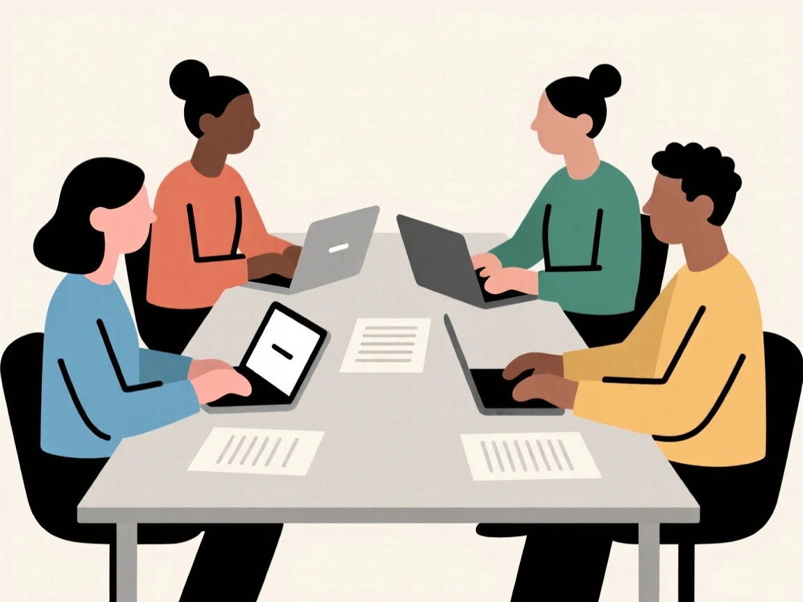 Illustration of a diverse team in a meeting, collaborating around a table with laptops and documents.