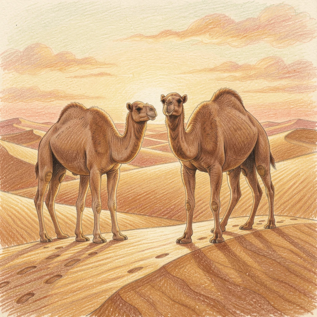 A pair of camels crossing golden dunes at sunset, with soft, natural light bringing warmth to every detail, evoking nostalgia and a deep sense of contentment.