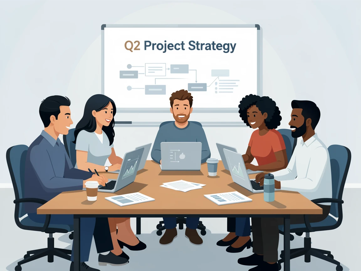 Illustration of a diverse team in a meeting, collaborating around a table with laptops and documents.