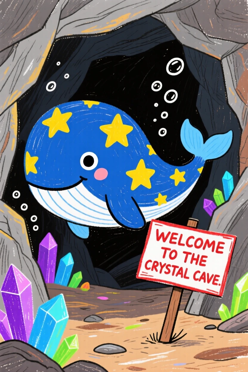 A star whale exploring a cave lit by glowing crystals.