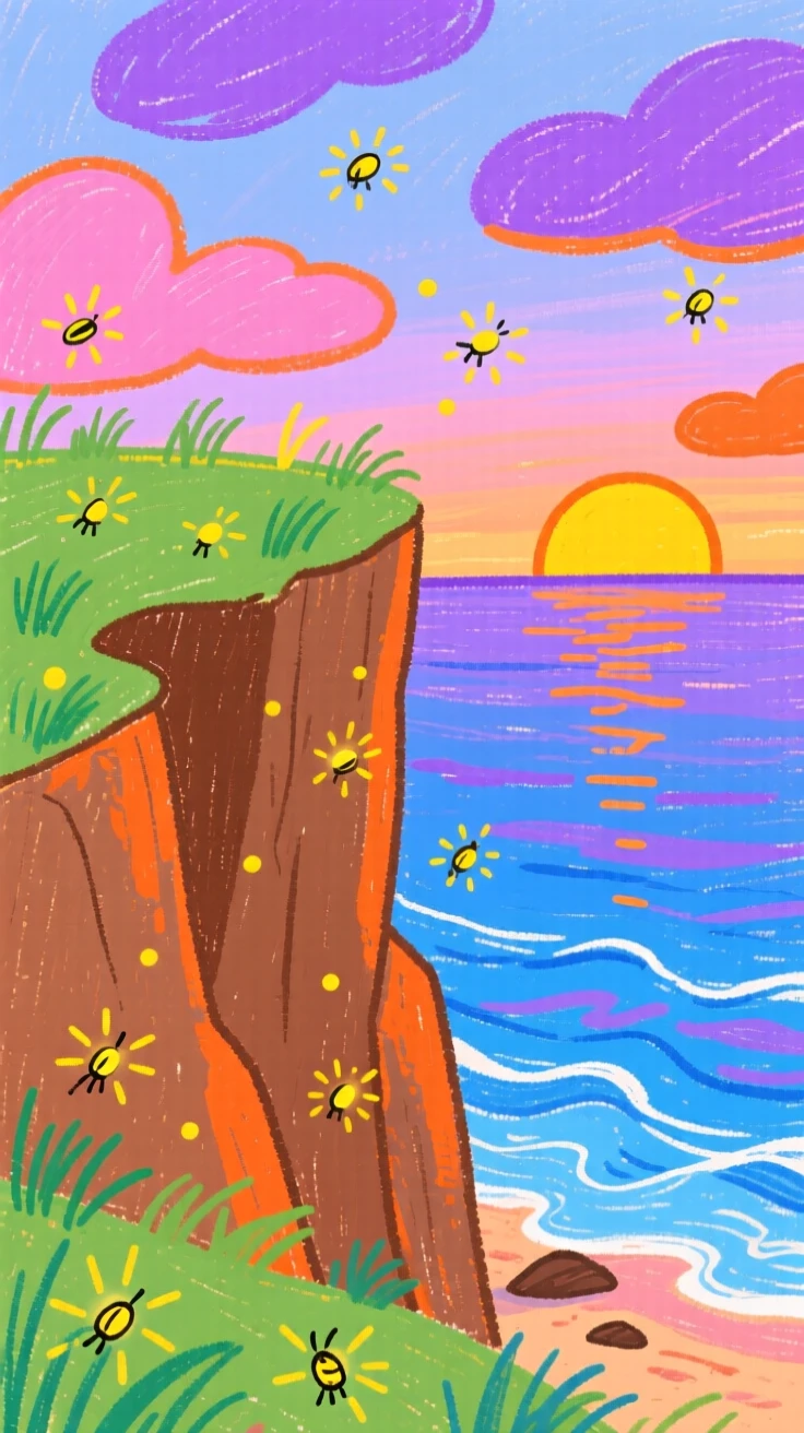 A coastal cliff overlooking the ocean at dusk as fireflies begin to glow.