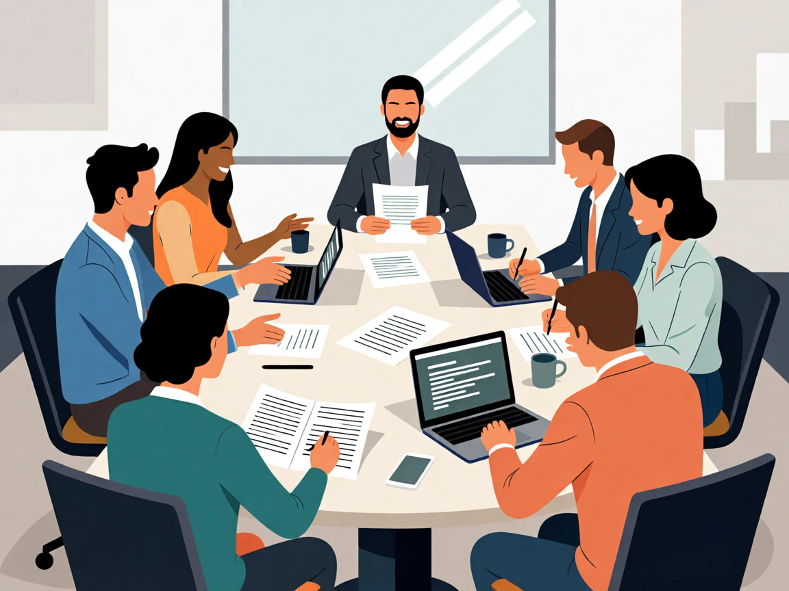 Illustration of a diverse team in a meeting, collaborating around a table with laptops and documents.