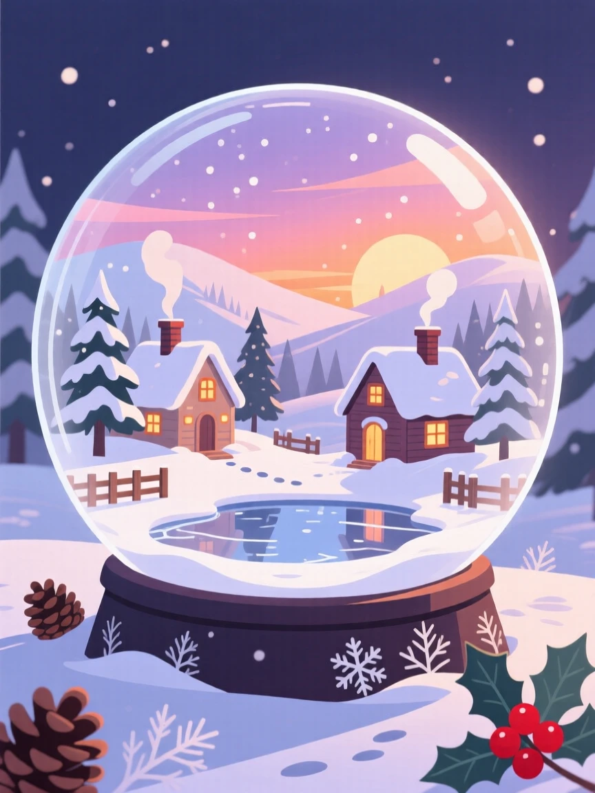 A snow globe scene capturing a peaceful winter village, set against a soft glowing seasonal sunset, framed with natural light suited to the time of year, with a fresh, crisp atmosphere throughout.