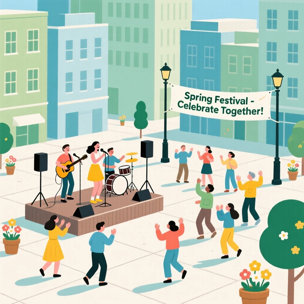 A spring celebration with festive music filling a city plaza.