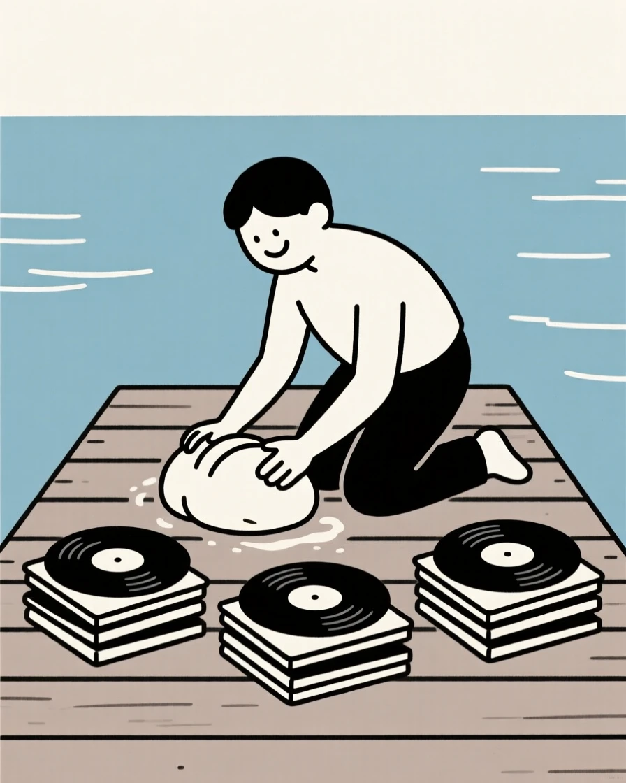 A person baking bread from scratch in a lakeside dock, surrounded by stacks of vinyl records, showing joyful discovery.