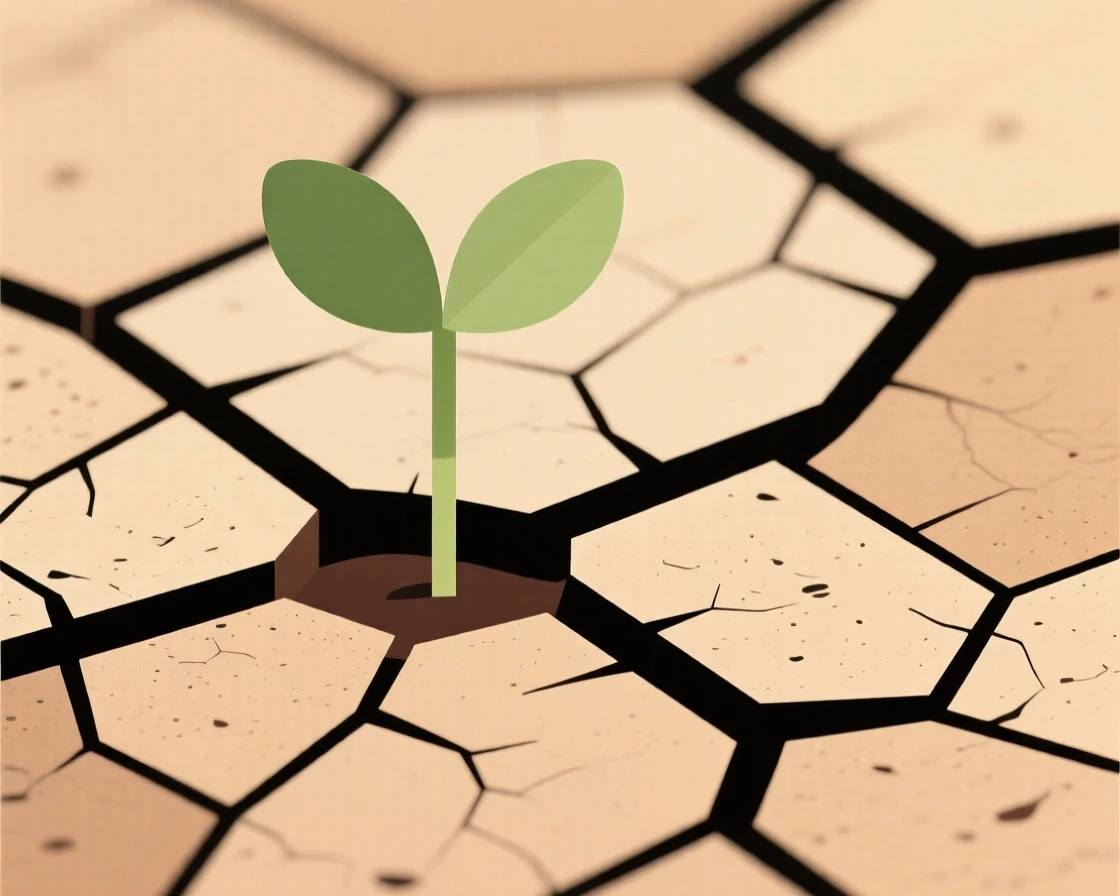 A single seedling sprouting from cracked earth