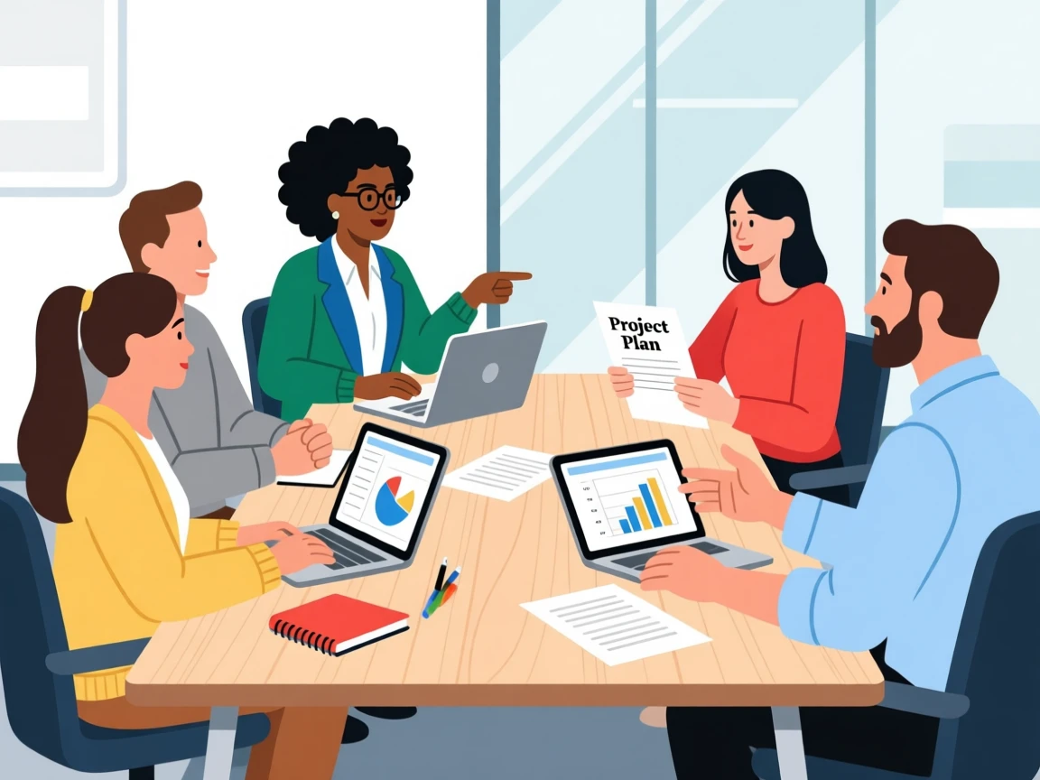 Illustration of a diverse team in a meeting, collaborating around a table with laptops and documents.