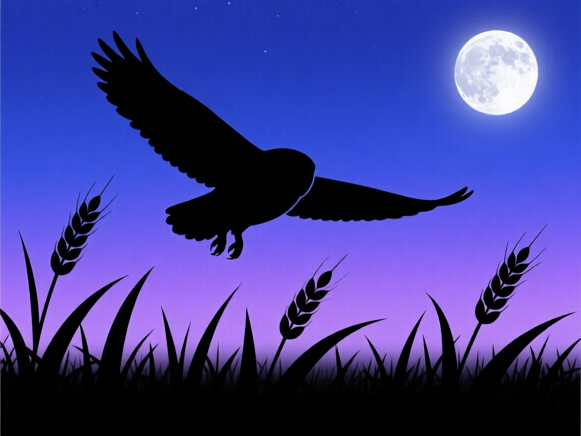 A single owl gliding low over a wheat field bathed in moonlight.