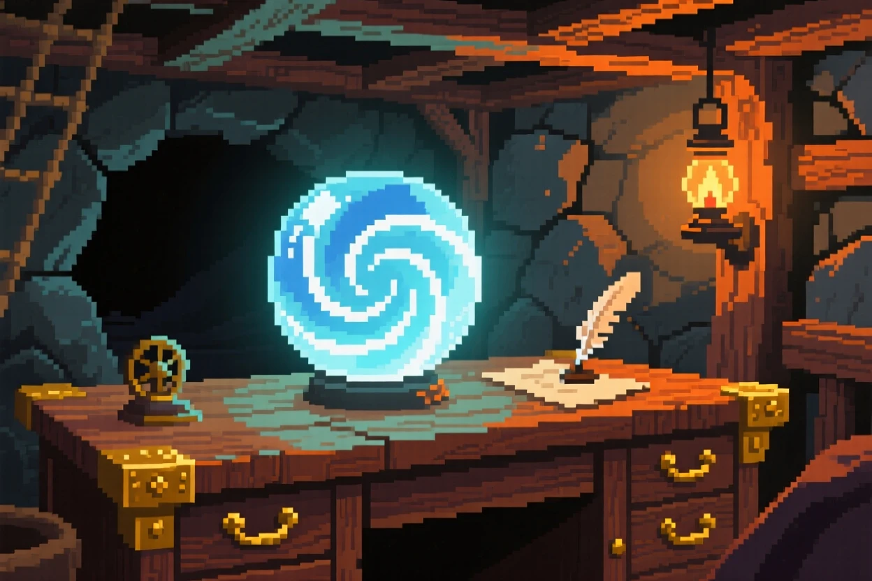A crystal orb swirling with light found deep within an abandoned mine, on a captain's desk aboard an old ship.