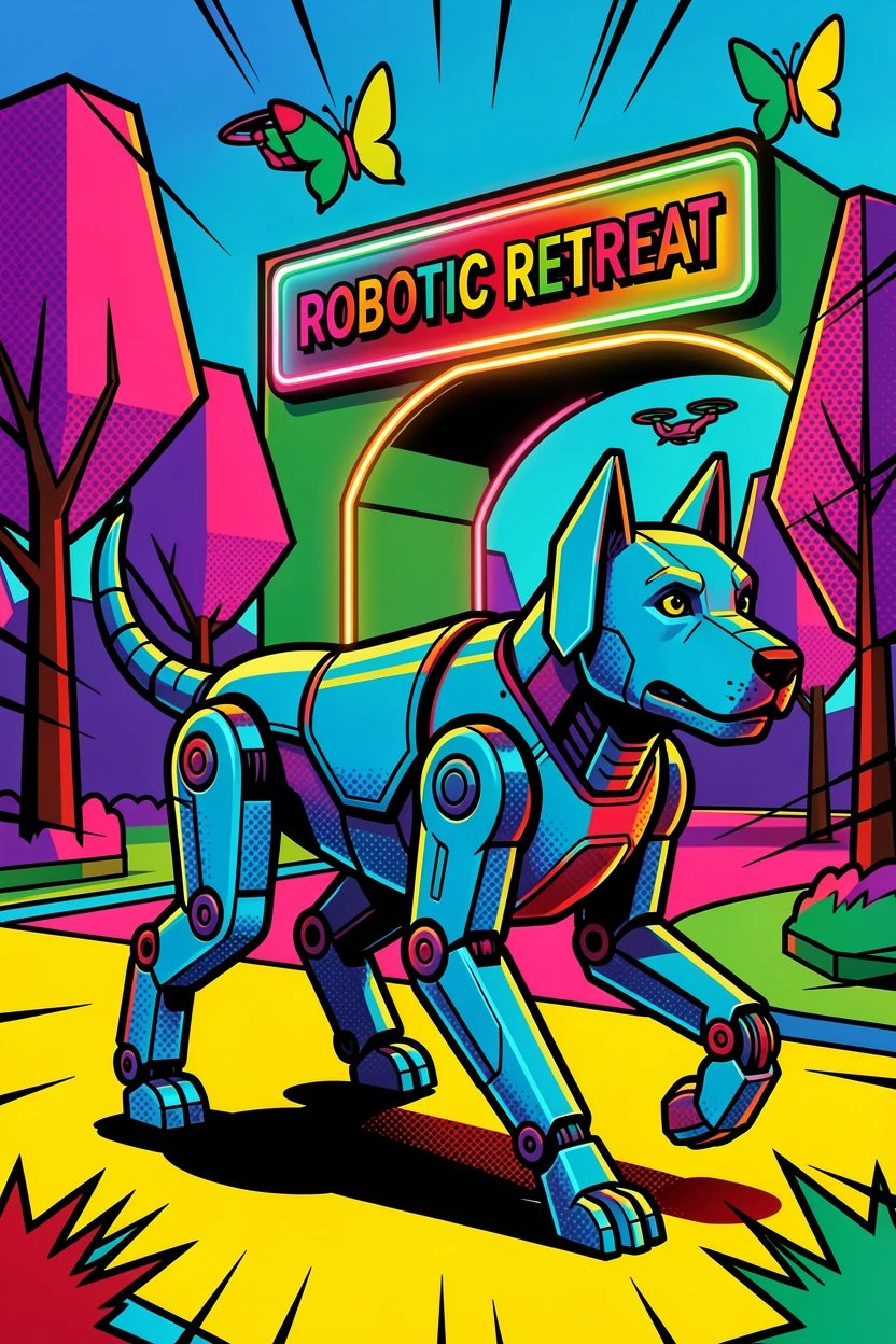 A robot dog trotting through a futuristic park
