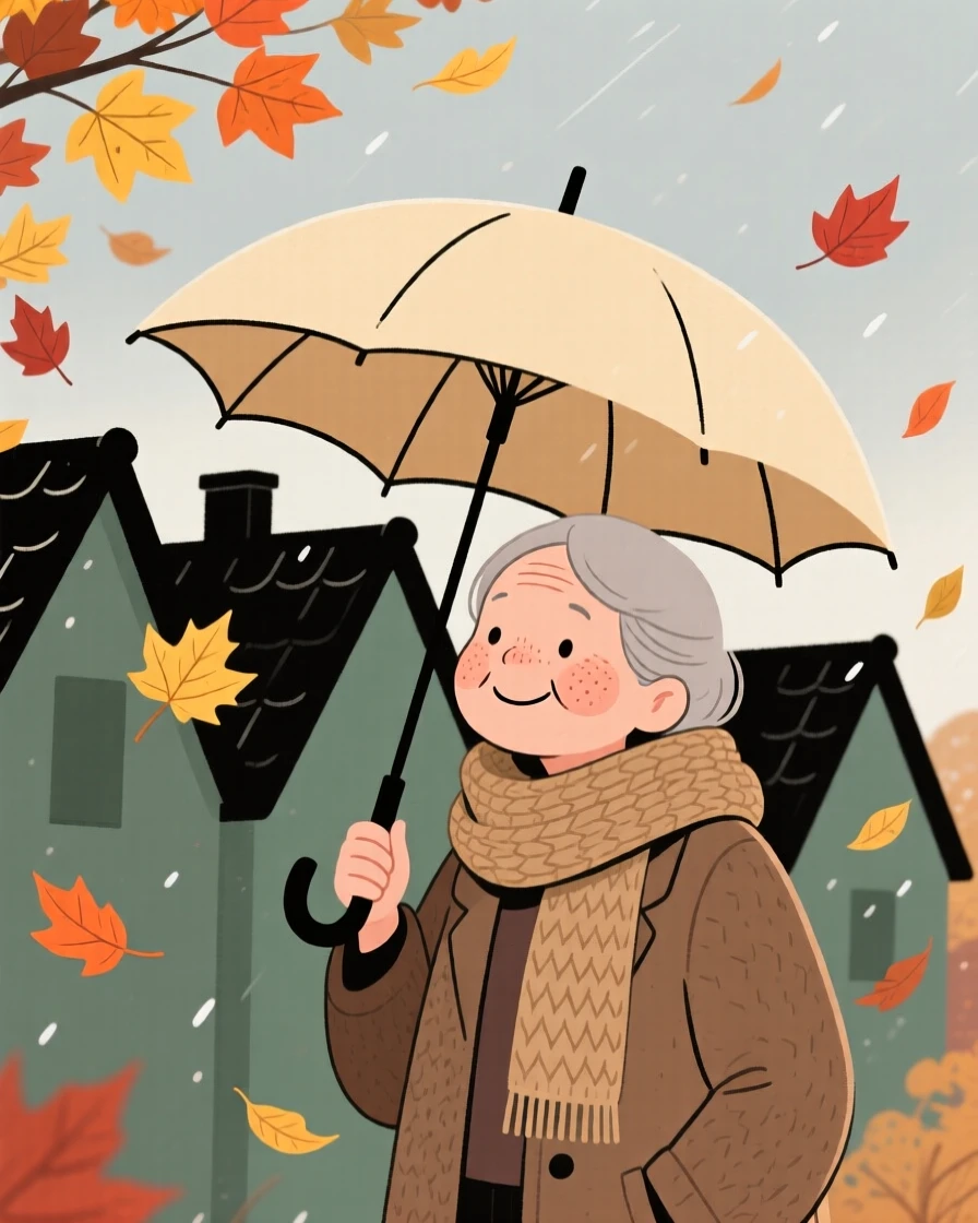 Soft autumn leaves falls over a row of rooftops as a elderly woman watches from under a wide umbrella, wrapped warmly against the winter air.