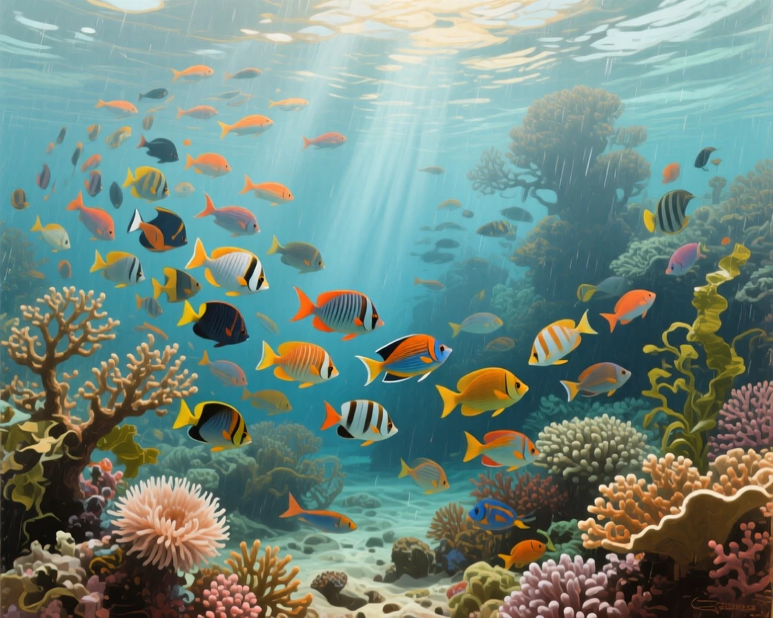 A sweeping wide shot of a school of colorful fish weaving through a coral reef, in the golden age of steam travel, during a light rain.