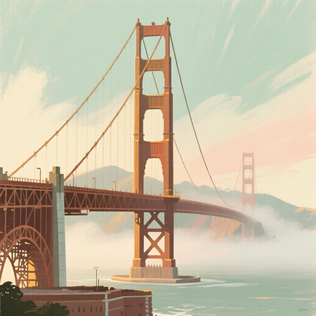 The Golden Gate Bridge emerging from morning fog