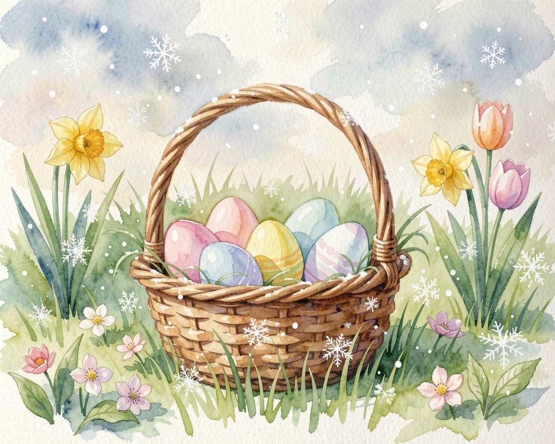 An Easter basket filled with colorful eggs in a spring garden with soft snow gently falling.