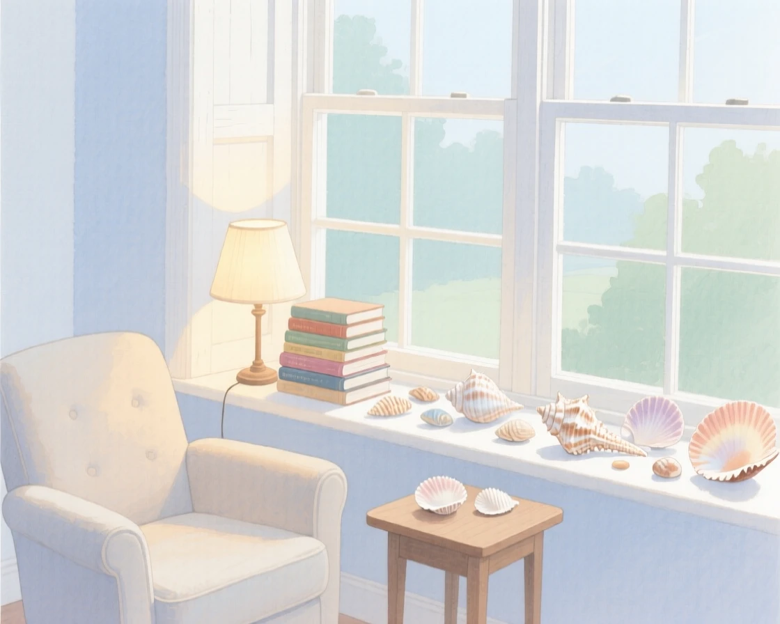 A charming view of a window reading corner, with a stack of books piled beside a lamp, featuring a collection of seashells on the windowsill