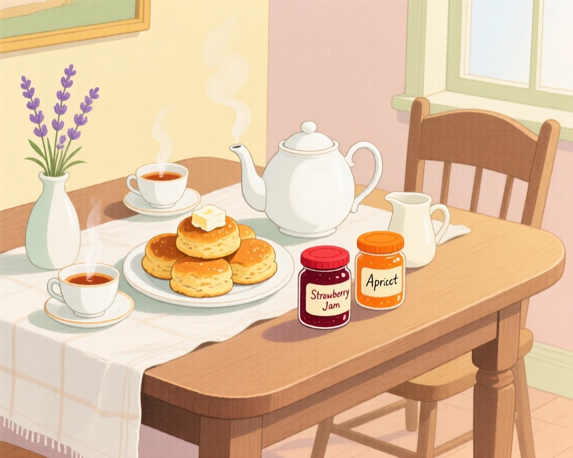 A cozy scene featuring a table set for afternoon tea with scones and jam.
