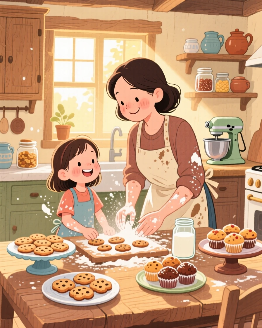 A mother and daughter baking cookies together, flour dusted on their aprons, in a warm farmhouse kitchen filled with afternoon light, with a table set with homemade treats, a tender bond of love passed between generations.