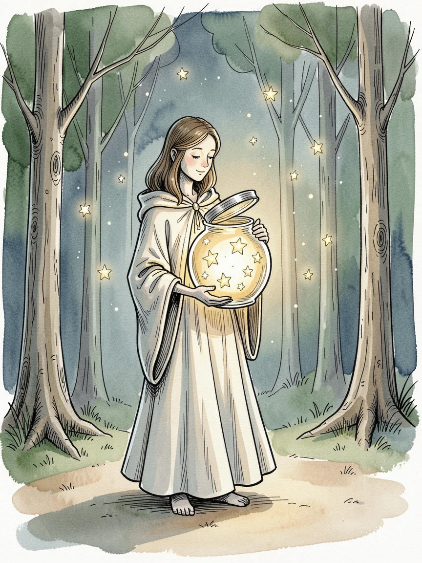 A wandering star-collector gathering fallen stars in a glass jar, stars or glowing motes drifting gently through the air.