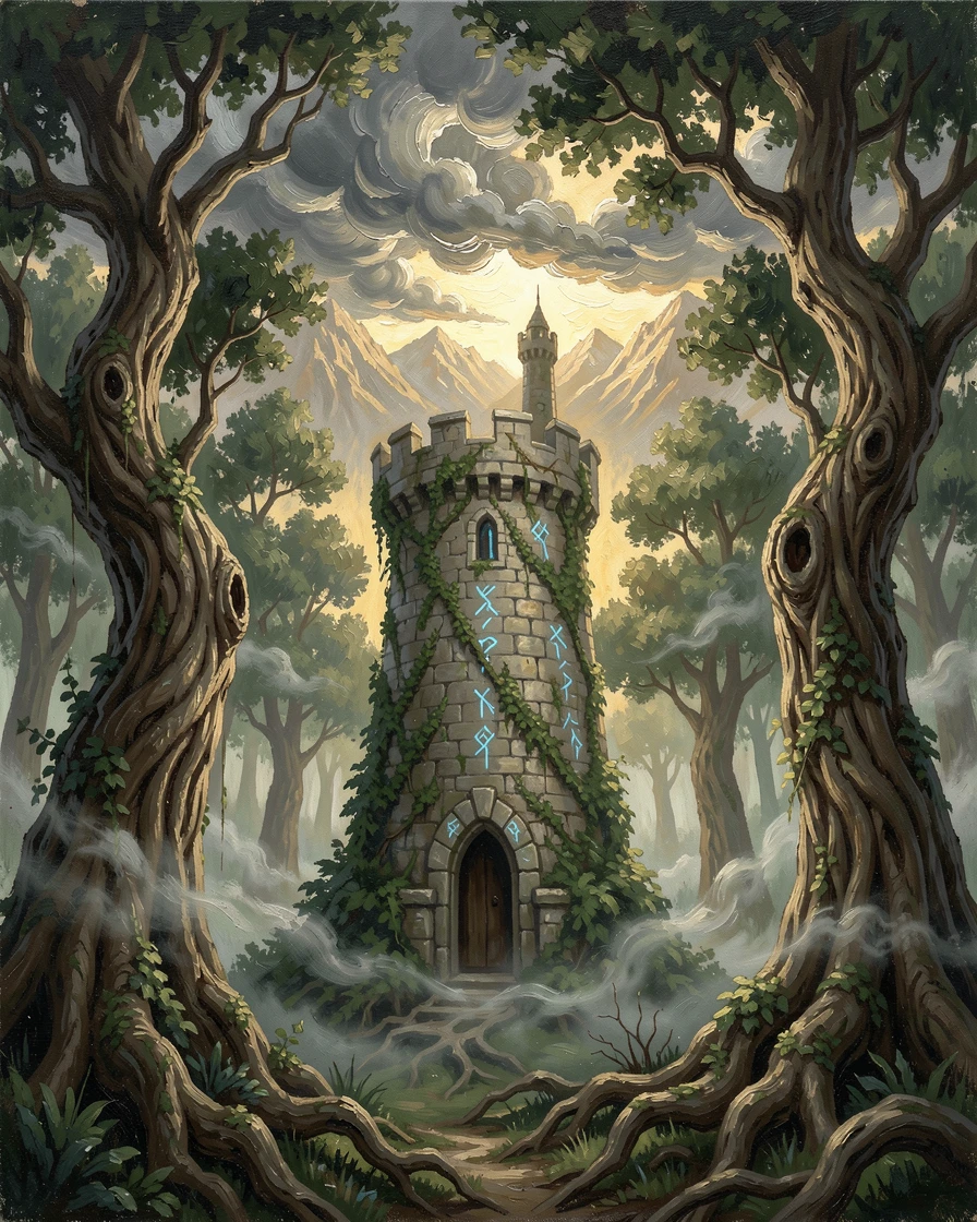 A wise old wizard's tower rising from a misty forest, within an ancient grove of impossibly tall trees, clouds parting to reveal a hidden realm beyond, as golden light breaks through parting storm clouds.