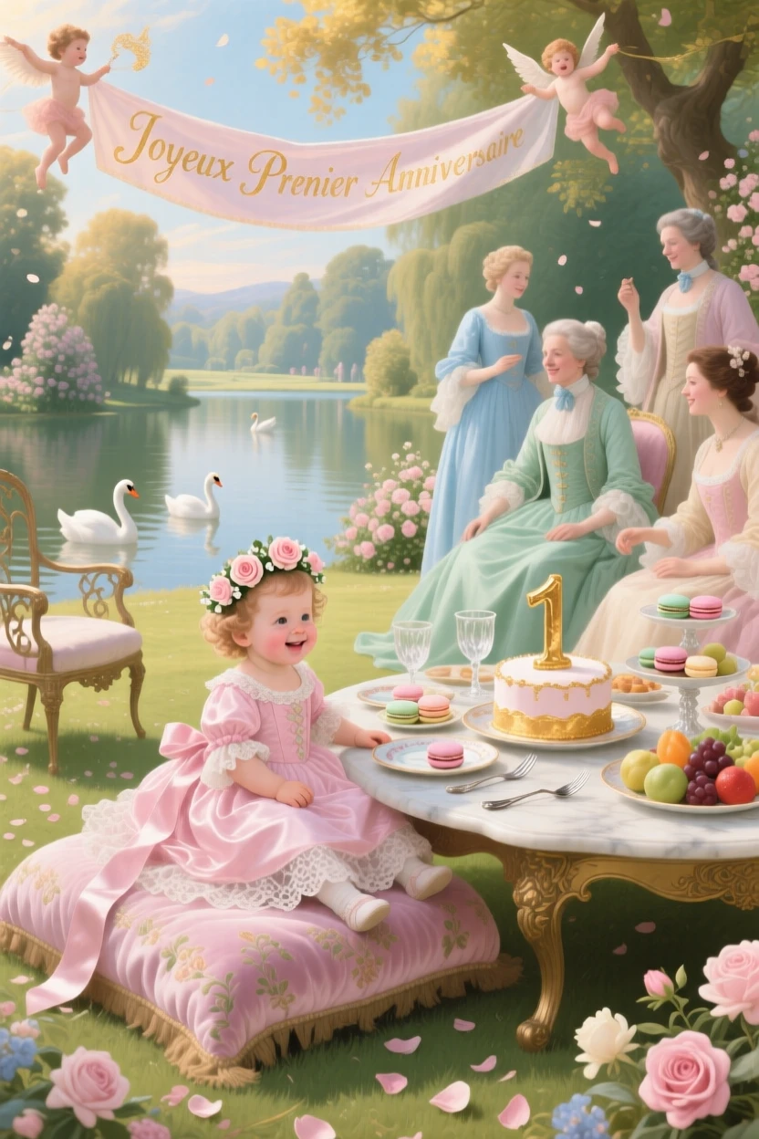 A royal picnic celebrating a child’s first birthday beside a lake  