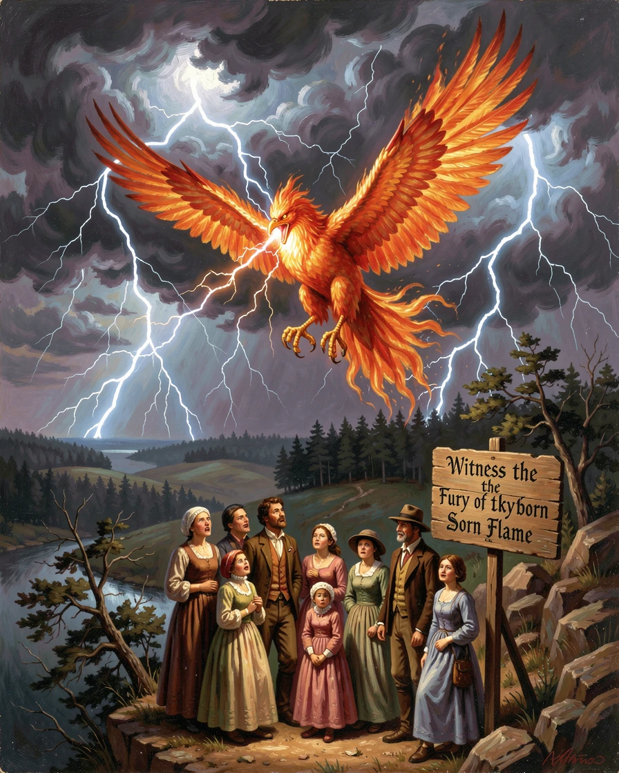 A phoenix hurls lightning across a stormy sky split by lightning as mortals watch in awe.