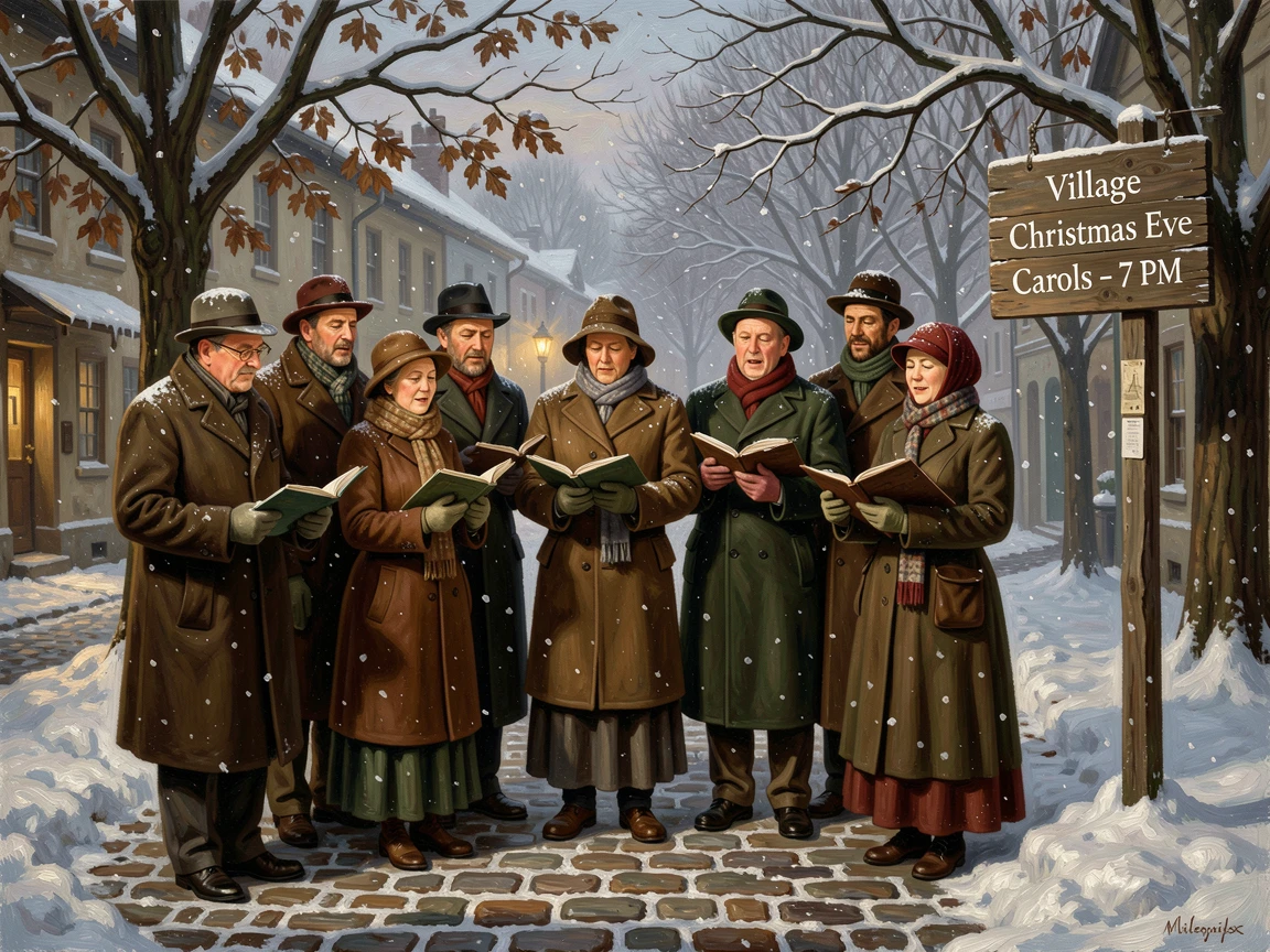 A winter holiday choir singing carols beneath softly falling snow, with authentic seasonal textures like snow, leaves, or blossoms, capturing the warmth, joy, and magic of the season