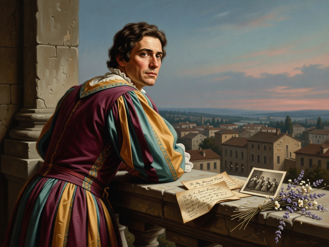 A court jester resting quietly after a long evening of performance captured in a quiet, introspective moment, set on a stone balcony overlooking a quiet town at dusk, surrounded by scattered letters, a faded photograph, and dried flowers; the pose is turned gently off-center for a natural, candid feel, radiating warmth, humility, and lived experience.